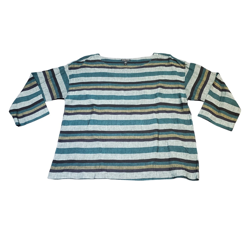 Eileen Fisher Organic Linen Boxy Top Teal Striped Bateau Neck Lagenlook Size M